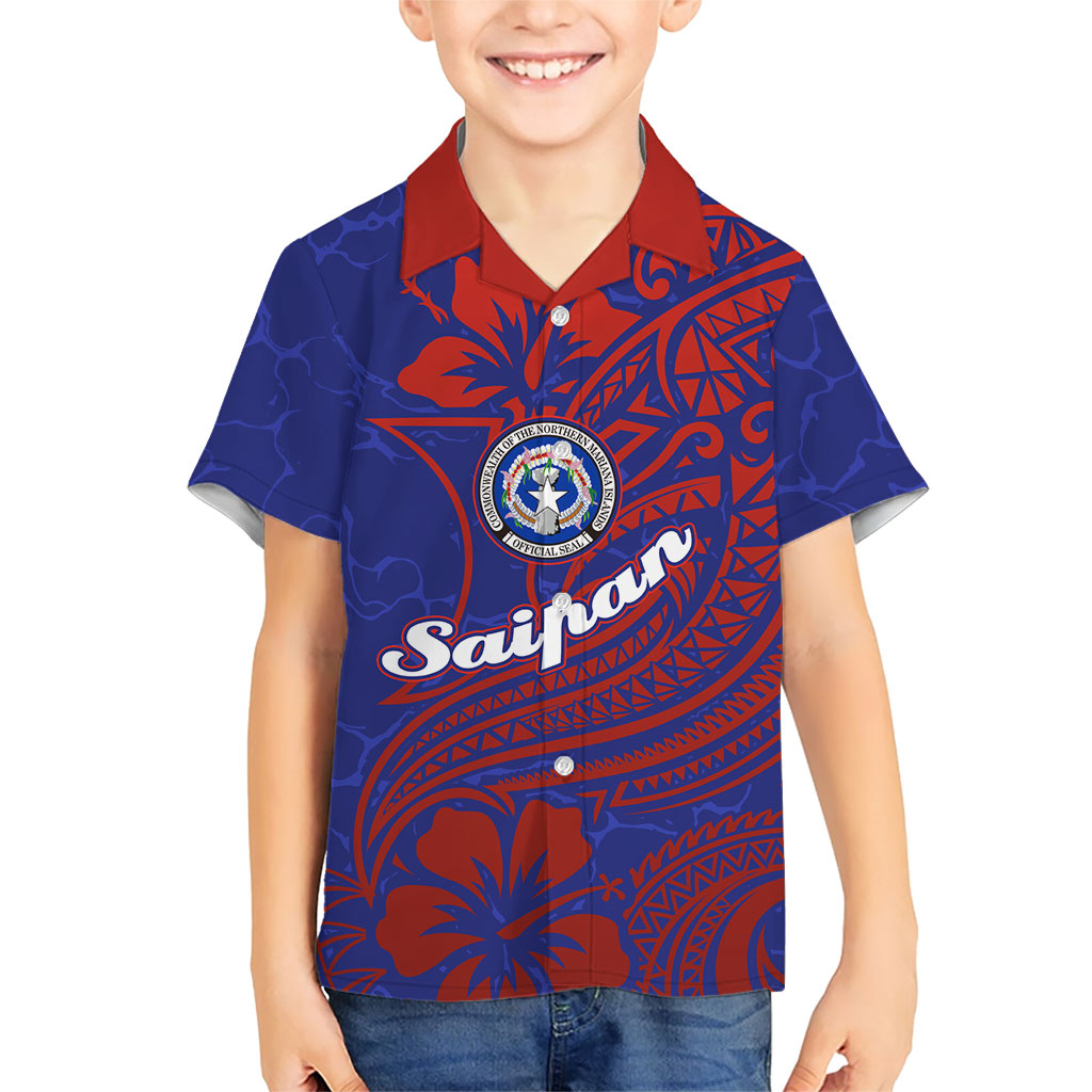 Saipan Northern Mariana Islands Family Matching Long Sleeve Bodycon Dress and Hawaiian Shirt Polynesian Tribal Tattoo Art With Hibiscus Flowers And Seal TS04 Son's Shirt Blue Red - Polynesian Pride