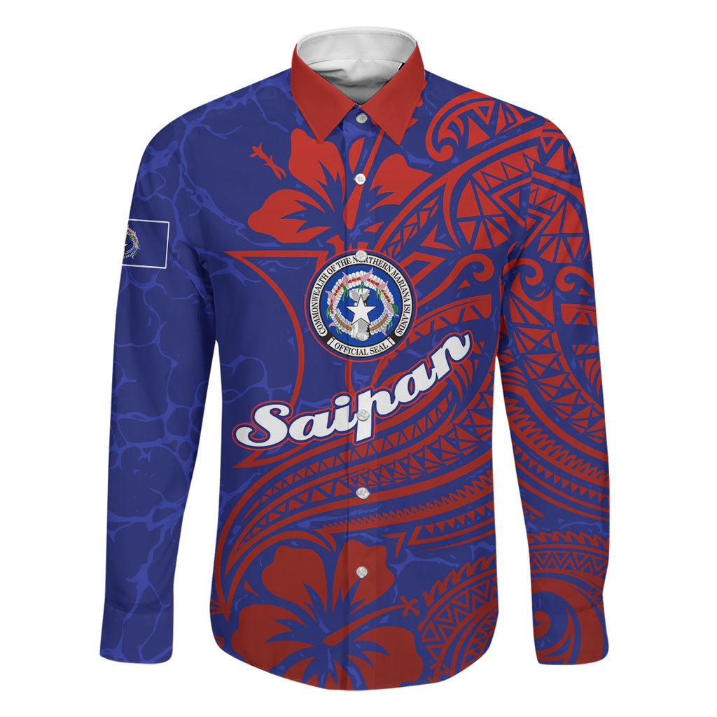 Saipan Northern Mariana Islands Family Matching Mermaid Dress and Hawaiian Shirt Polynesian Tribal Tattoo Art With Hibiscus Flowers And Seal TS04 Dad's Shirt - Long Sleeve Blue Red - Polynesian Pride