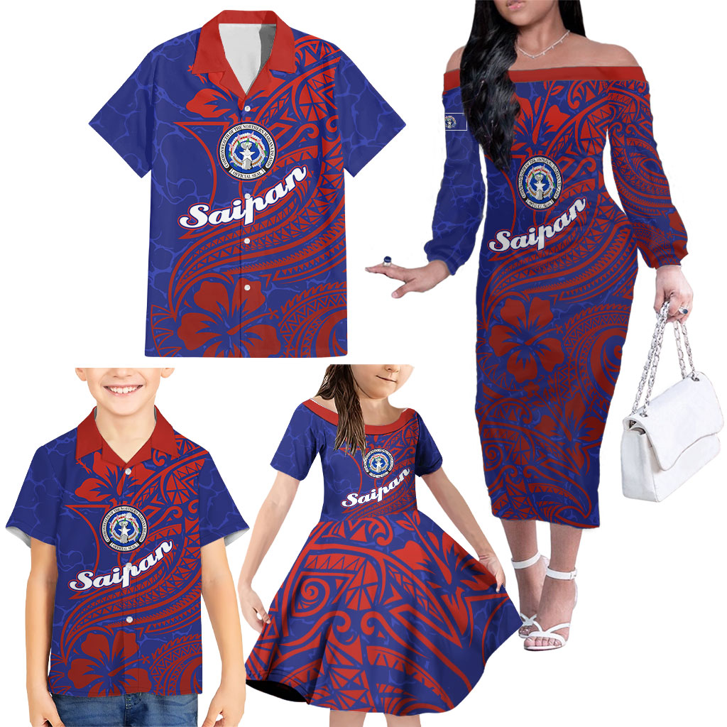 Saipan Northern Mariana Islands Family Matching Off The Shoulder Long Sleeve Dress and Hawaiian Shirt Polynesian Tribal Tattoo Art With Hibiscus Flowers And Seal