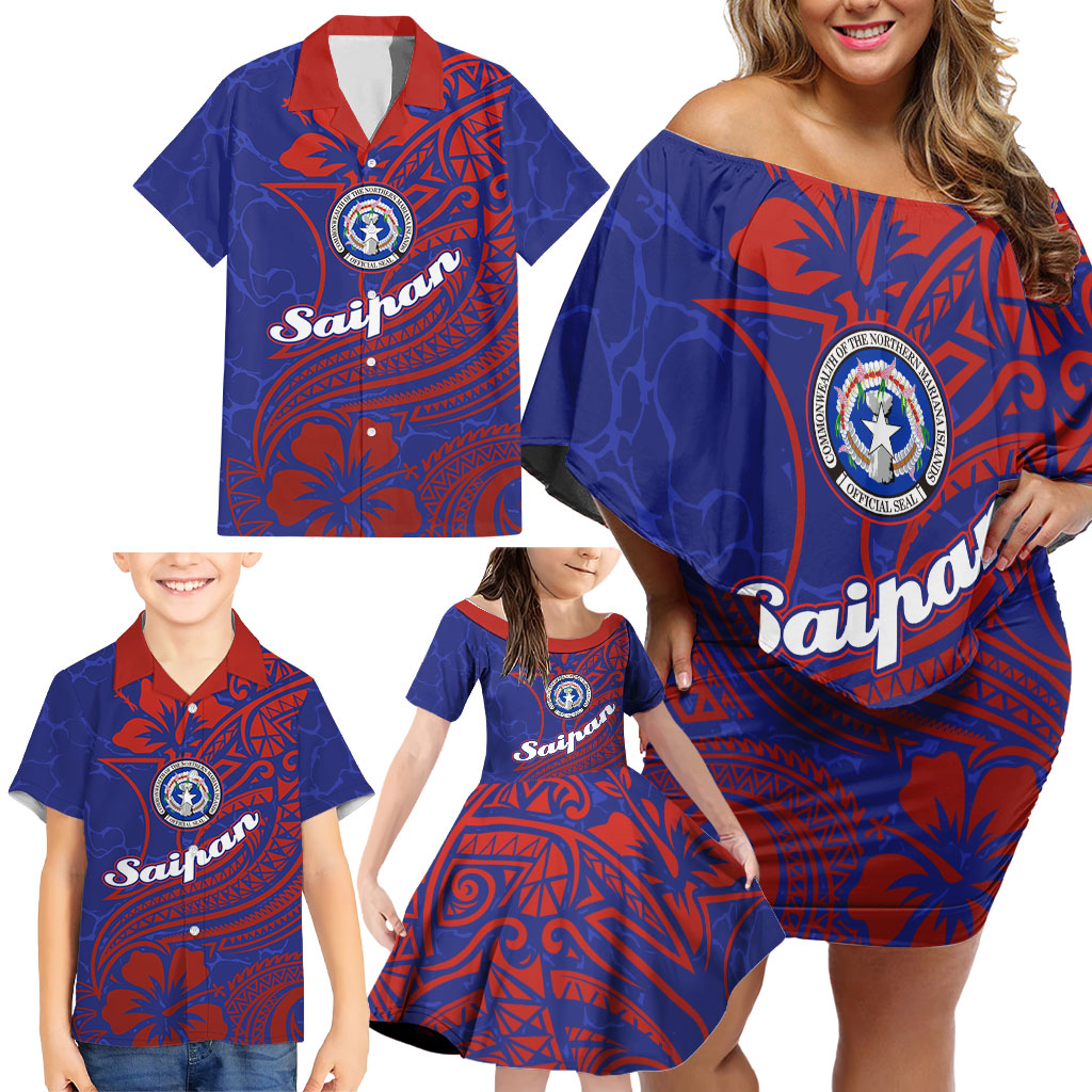 Saipan Northern Mariana Islands Family Matching Off Shoulder Short Dress and Hawaiian Shirt Polynesian Tribal Tattoo Art With Hibiscus Flowers And Seal TS04 - Polynesian Pride