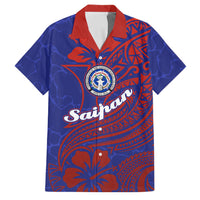 Saipan Northern Mariana Islands Family Matching Off Shoulder Short Dress and Hawaiian Shirt Polynesian Tribal Tattoo Art With Hibiscus Flowers And Seal TS04 Dad's Shirt - Short Sleeve Blue Red - Polynesian Pride