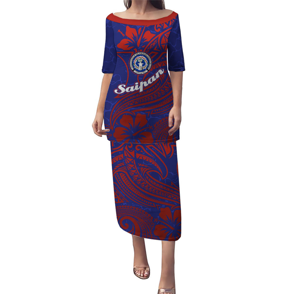 Saipan Northern Mariana Islands Family Matching Puletasi and Hawaiian Shirt Polynesian Tribal Tattoo Art With Hibiscus Flowers And Seal TS04 Mom's Dress Blue Red - Polynesian Pride