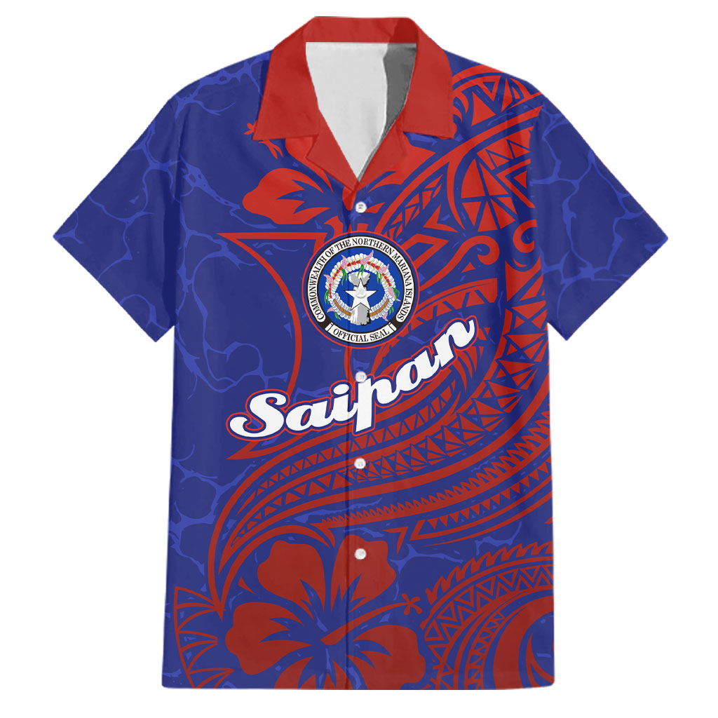 Saipan Northern Mariana Islands Family Matching Short Sleeve Bodycon Dress and Hawaiian Shirt Polynesian Tribal Tattoo Art With Hibiscus Flowers And Seal TS04 Dad's Shirt - Short Sleeve Blue Red - Polynesian Pride