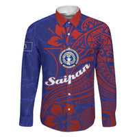 Saipan Northern Mariana Islands Family Matching Summer Maxi Dress and Hawaiian Shirt Polynesian Tribal Tattoo Art With Hibiscus Flowers And Seal TS04 Dad's Shirt - Long Sleeve Blue Red - Polynesian Pride
