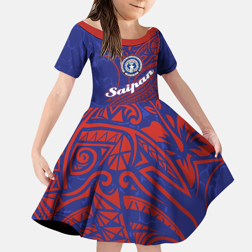 Saipan Northern Mariana Islands Family Matching Tank Maxi Dress and Hawaiian Shirt Polynesian Tribal Tattoo Art With Hibiscus Flowers And Seal TS04 Daughter's Dress Blue Red - Polynesian Pride