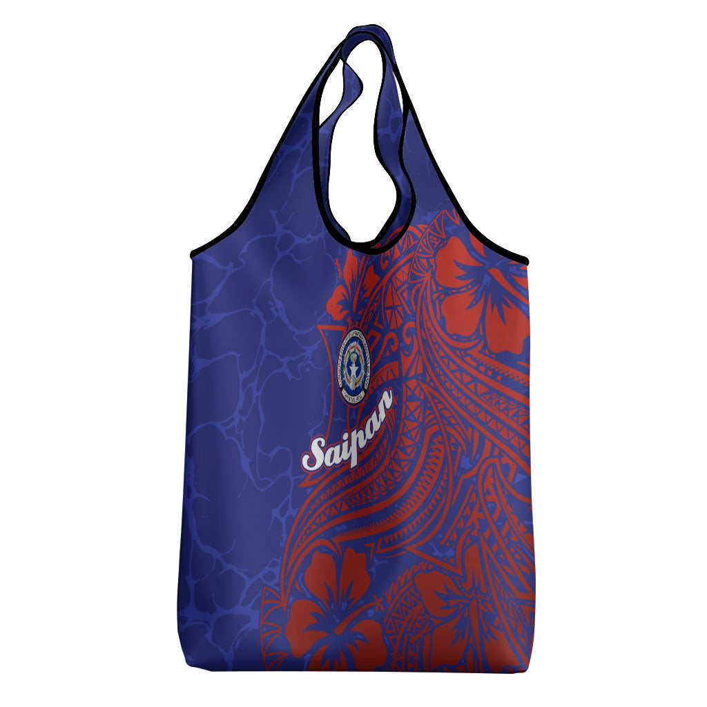 Saipan Northern Mariana Islands Grocery Bag Polynesian Tribal Tattoo Art With Hibiscus Flowers And Seal TS04 - Polynesian Pride