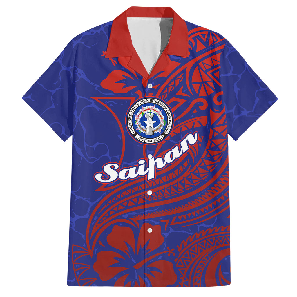 Saipan Northern Mariana Islands Hawaiian Shirt Polynesian Tribal Tattoo Art With Hibiscus Flowers And Seal TS04 Blue Red - Polynesian Pride