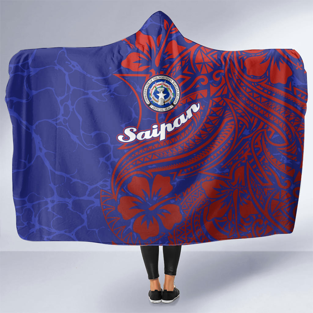 Saipan Northern Mariana Islands Hooded Blanket Polynesian Tribal Tattoo Art With Hibiscus Flowers And Seal