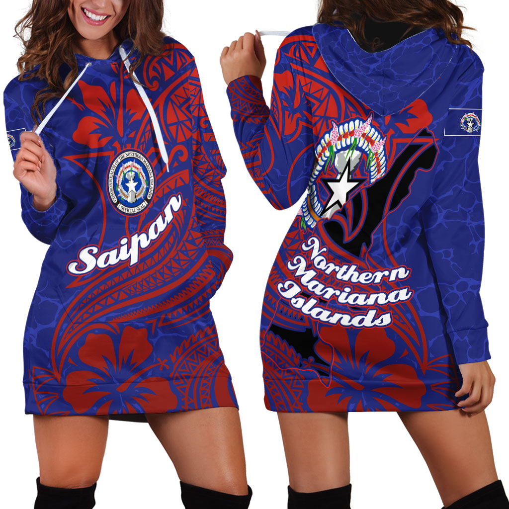 Saipan Northern Mariana Islands Hoodie Dress Polynesian Tribal Tattoo Art With Hibiscus Flowers And Seal TS04 - Polynesian Pride