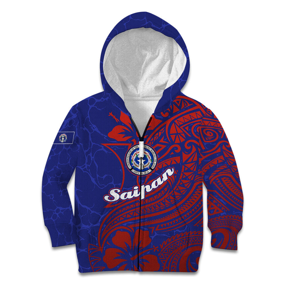 Saipan Northern Mariana Islands Kid Hoodie Polynesian Tribal Tattoo Art With Hibiscus Flowers And Seal TS04 Zip Hoodie Blue Red - Polynesian Pride
