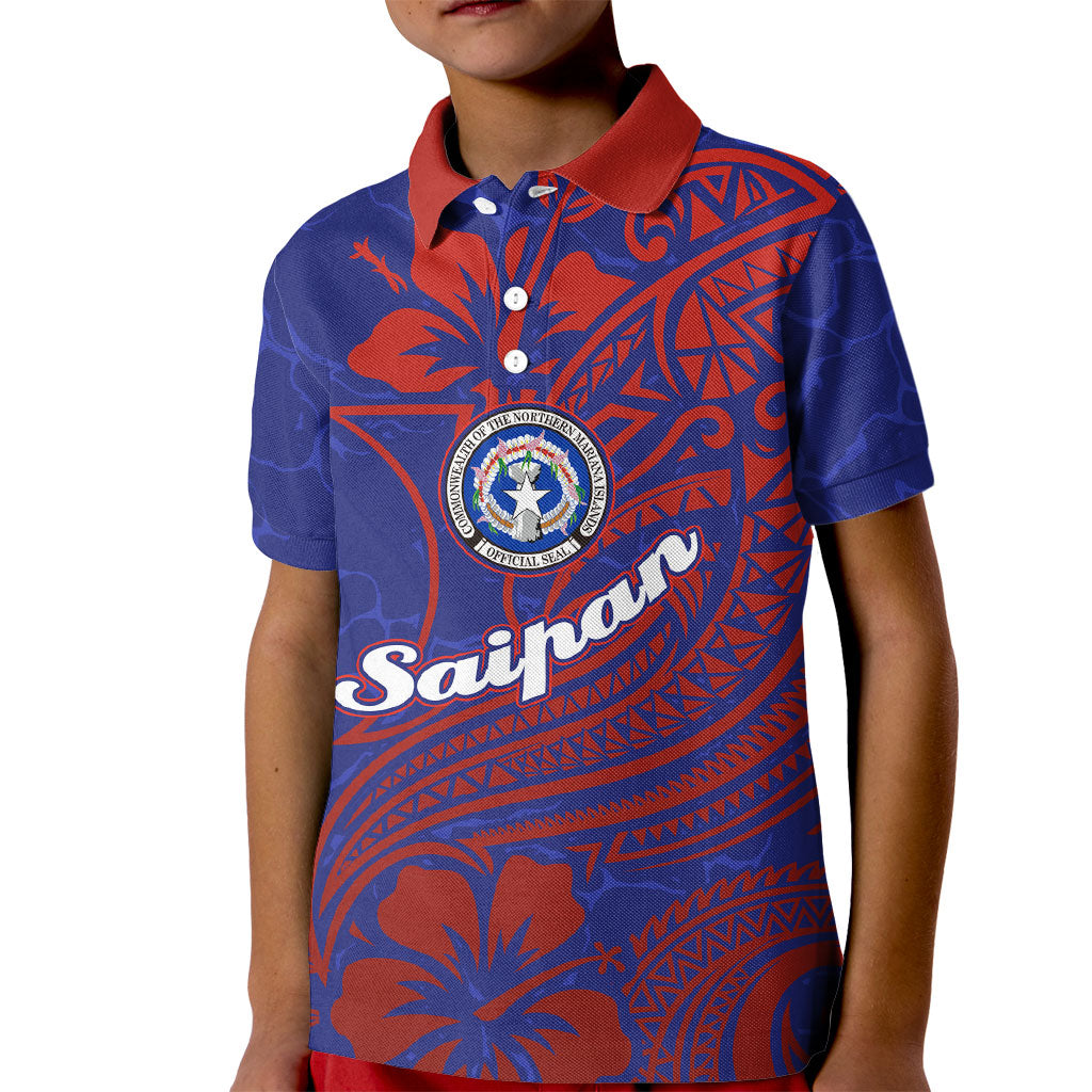 Saipan Northern Mariana Islands Kid Polo Shirt Polynesian Tribal Tattoo Art With Hibiscus Flowers And Seal TS04 Kid Blue Red - Polynesian Pride