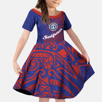 Saipan Northern Mariana Islands Kid Short Sleeve Dress Polynesian Tribal Tattoo Art With Hibiscus Flowers And Seal TS04 KID Blue Red - Polynesian Pride