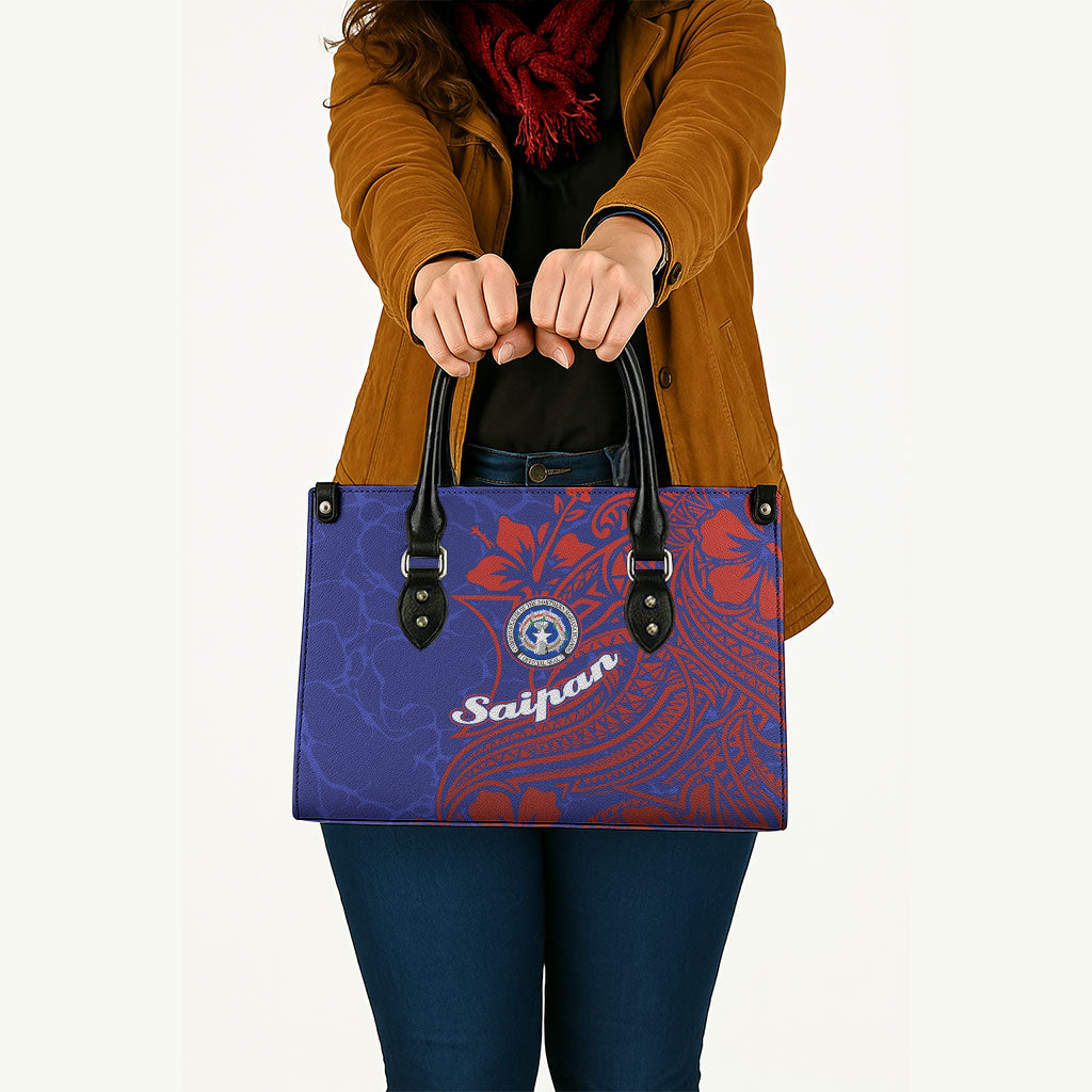 Saipan Northern Mariana Islands Leather Bag Polynesian Tribal Tattoo Art With Hibiscus Flowers And Seal