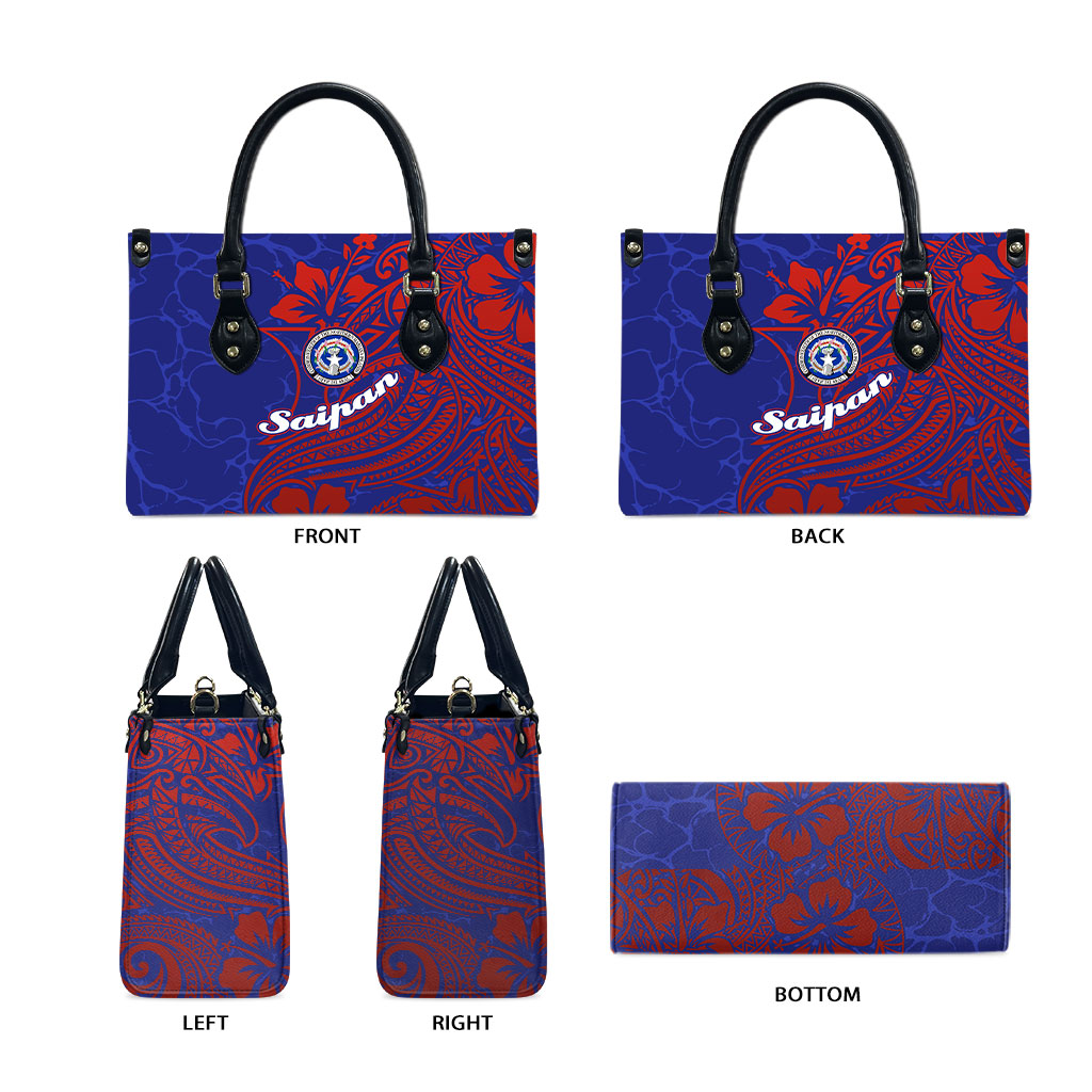 Saipan Northern Mariana Islands Leather Bag Polynesian Tribal Tattoo Art With Hibiscus Flowers And Seal