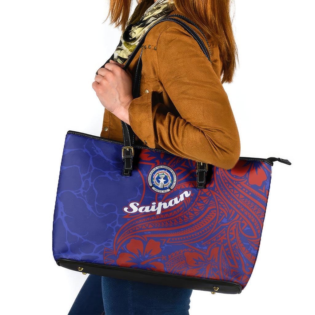 Saipan Northern Mariana Islands Leather Tote Bag Polynesian Tribal Tattoo Art With Hibiscus Flowers And Seal TS04 Blue Red - Polynesian Pride