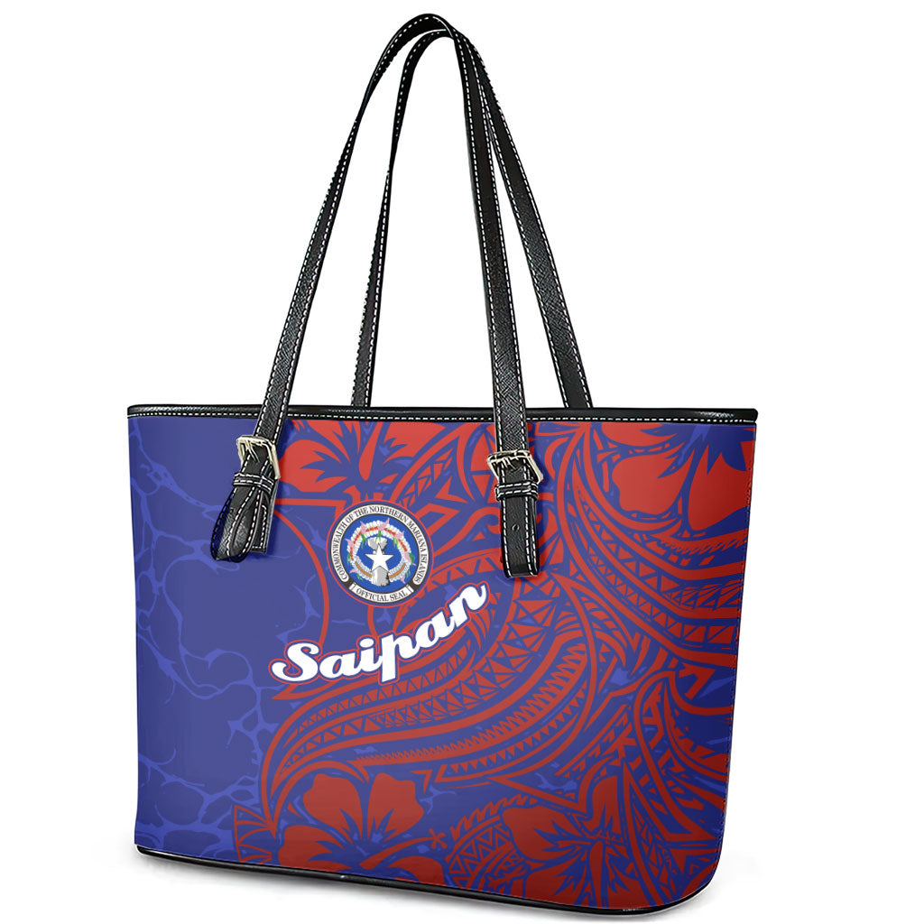 Saipan Northern Mariana Islands Leather Tote Bag Polynesian Tribal Tattoo Art With Hibiscus Flowers And Seal TS04 - Polynesian Pride