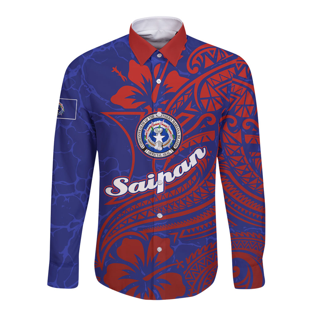 Saipan Northern Mariana Islands Long Sleeve Button Shirt Polynesian Tribal Tattoo Art With Hibiscus Flowers And Seal