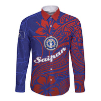 Saipan Northern Mariana Islands Long Sleeve Button Shirt Polynesian Tribal Tattoo Art With Hibiscus Flowers And Seal TS04 Unisex Blue Red - Polynesian Pride