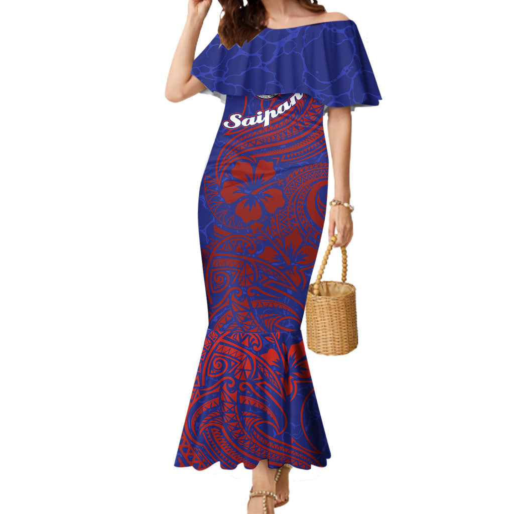 Saipan Northern Mariana Islands Mermaid Dress Polynesian Tribal Tattoo Art With Hibiscus Flowers And Seal TS04 Women Blue Red - Polynesian Pride