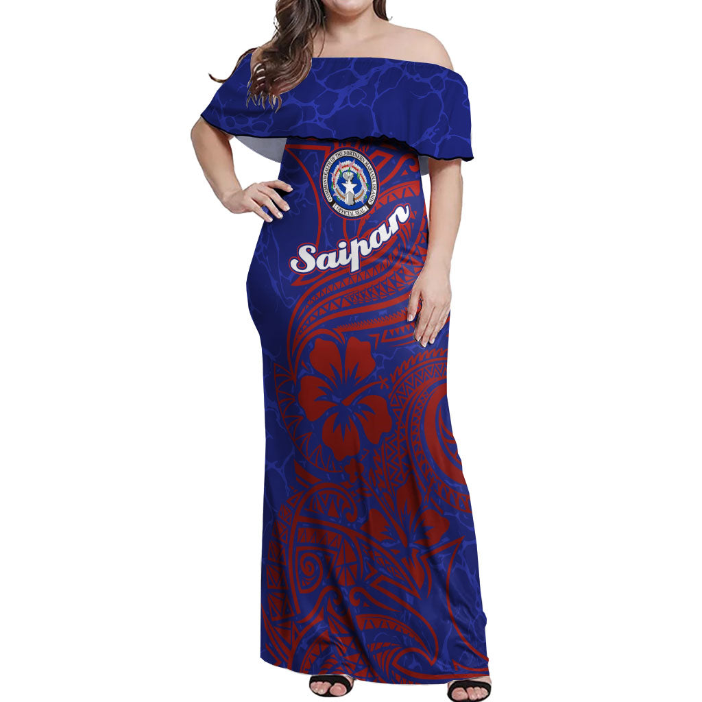 Saipan Northern Mariana Islands Off Shoulder Maxi Dress Polynesian Tribal Tattoo Art With Hibiscus Flowers And Seal TS04 Women Blue Red - Polynesian Pride
