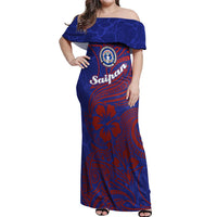 Saipan Northern Mariana Islands Off Shoulder Maxi Dress Polynesian Tribal Tattoo Art With Hibiscus Flowers And Seal TS04 Women Blue Red - Polynesian Pride