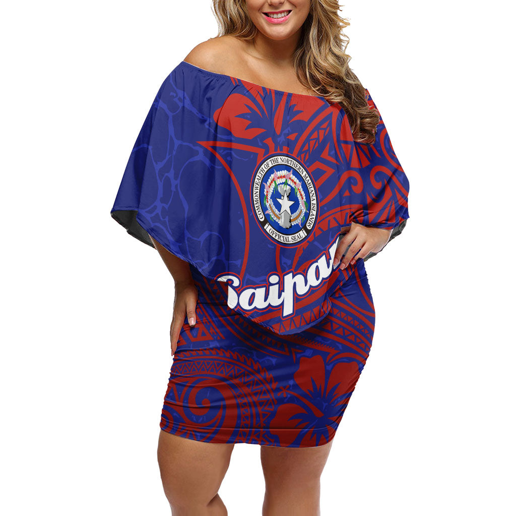 Saipan Northern Mariana Islands Off Shoulder Short Dress Polynesian Tribal Tattoo Art With Hibiscus Flowers And Seal