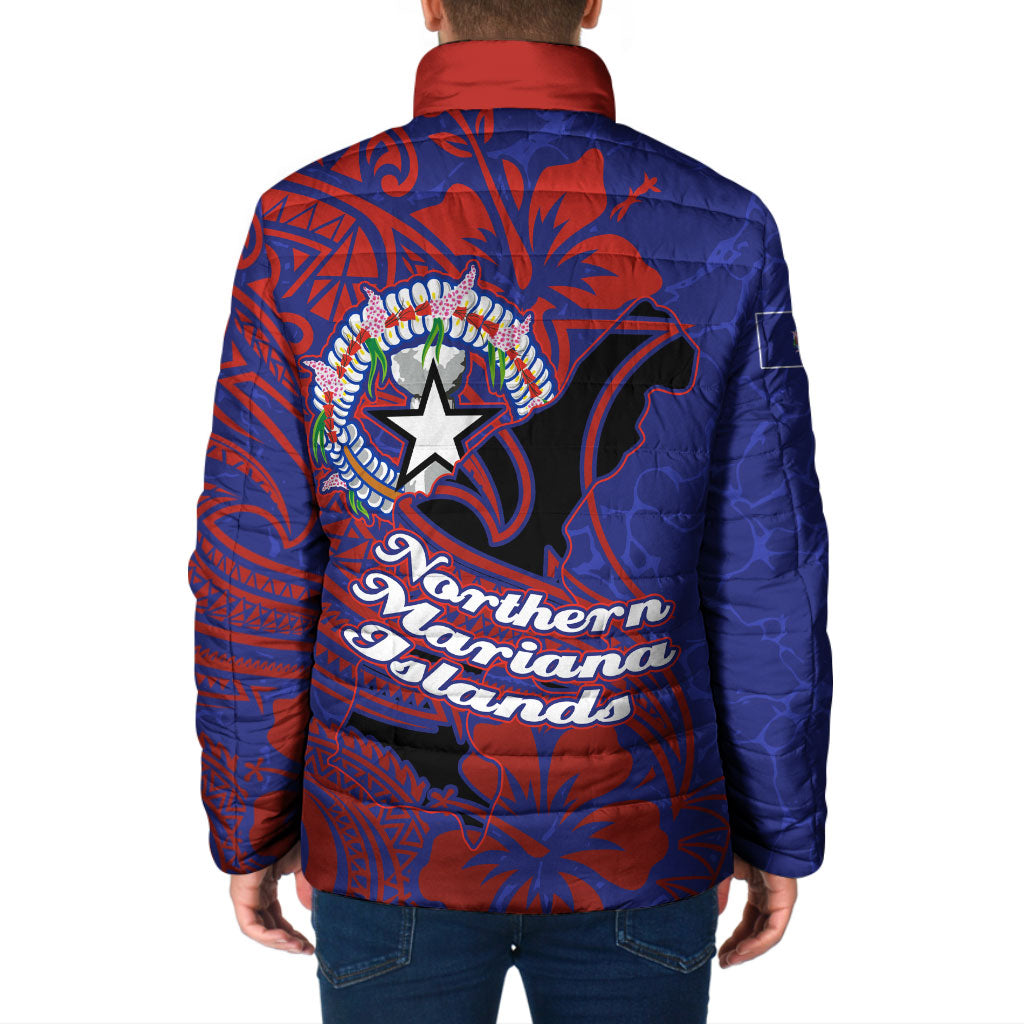 Saipan Northern Mariana Islands Padded Jacket Polynesian Tribal Tattoo Art With Hibiscus Flowers And Seal