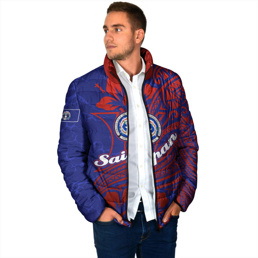 Saipan Northern Mariana Islands Padded Jacket Polynesian Tribal Tattoo Art With Hibiscus Flowers And Seal