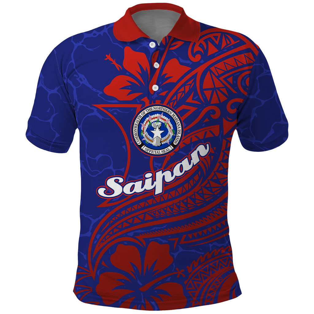 Saipan Northern Mariana Islands Polo Shirt Polynesian Tribal Tattoo Art With Hibiscus Flowers And Seal TS04 Blue Red - Polynesian Pride