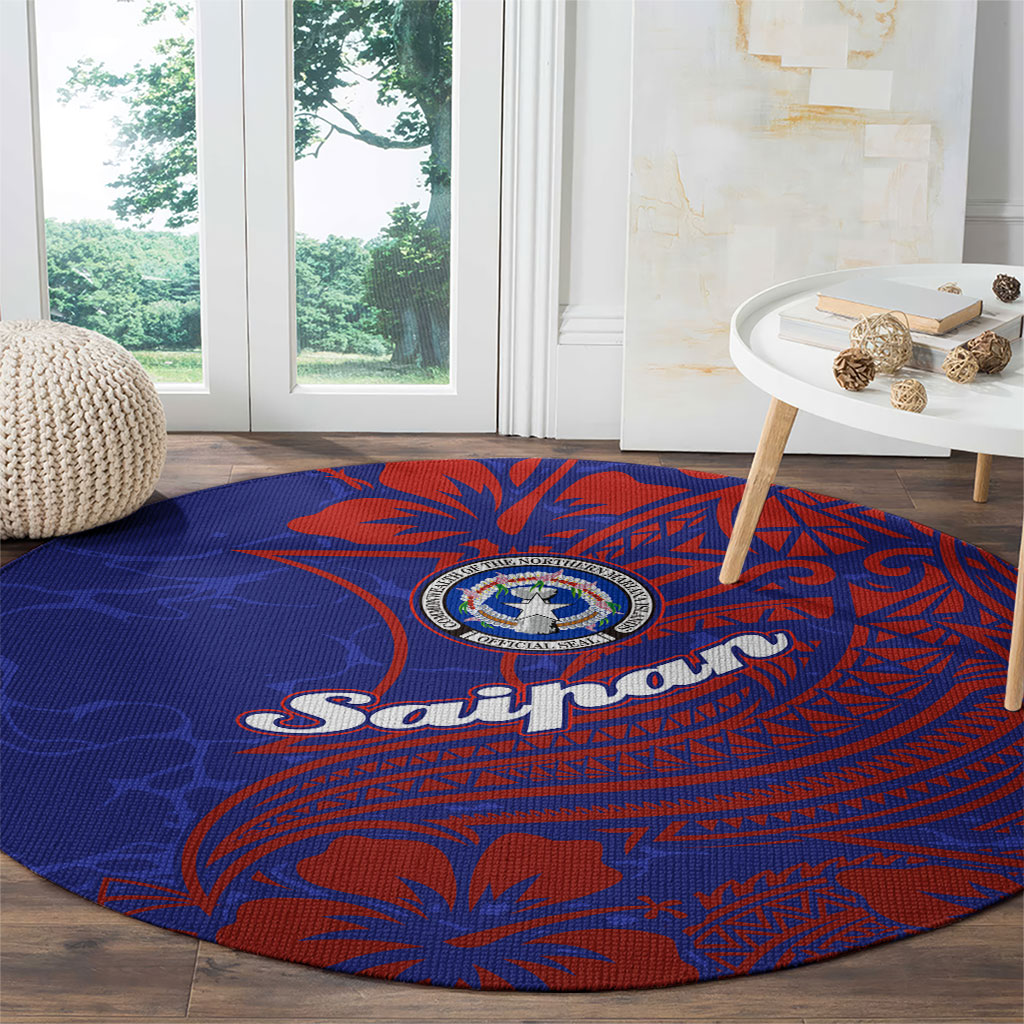 Saipan Northern Mariana Islands Round Carpet Polynesian Tribal Tattoo Art With Hibiscus Flowers And Seal
