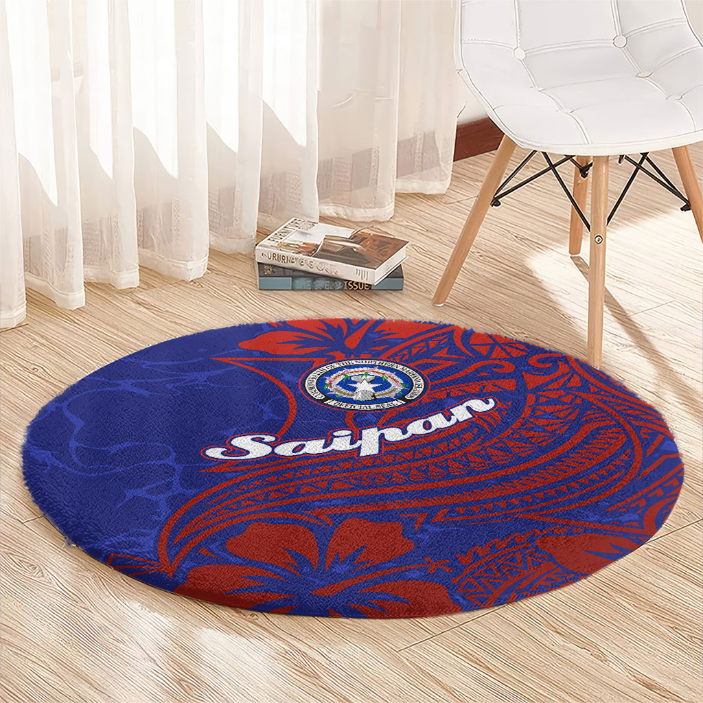 Saipan Northern Mariana Islands Round Carpet Polynesian Tribal Tattoo Art With Hibiscus Flowers And Seal