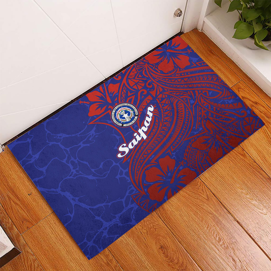 Saipan Northern Mariana Islands Rubber Doormat Polynesian Tribal Tattoo Art With Hibiscus Flowers And Seal