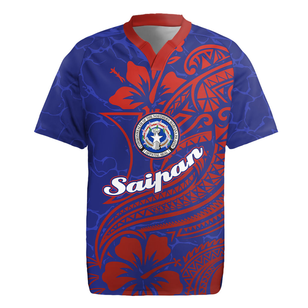 Saipan Northern Mariana Islands Rugby Jersey Polynesian Tribal Tattoo Art With Hibiscus Flowers And Seal