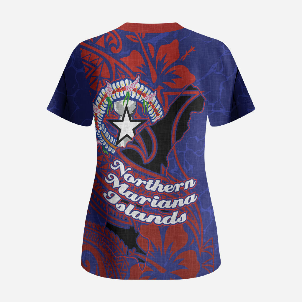 Saipan Northern Mariana Islands Scrub Top Polynesian Tribal Tattoo Art With Hibiscus Flowers And Seal