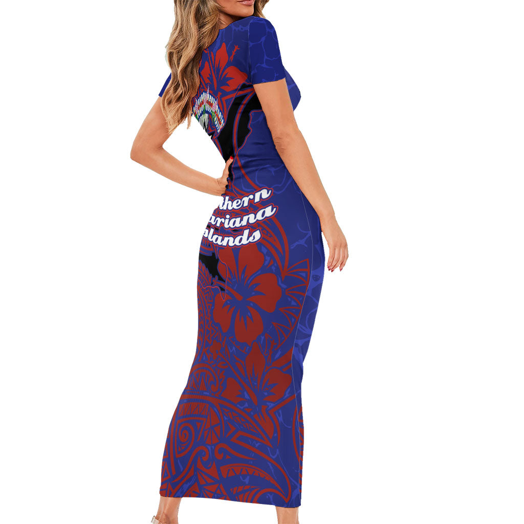 Saipan Northern Mariana Islands Short Sleeve Bodycon Dress Polynesian Tribal Tattoo Art With Hibiscus Flowers And Seal TS04 - Polynesian Pride