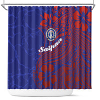 Saipan Northern Mariana Islands Shower Curtain Polynesian Tribal Tattoo Art With Hibiscus Flowers And Seal TS04 Blue Red - Polynesian Pride