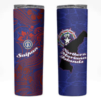 Saipan Northern Mariana Islands Skinny Tumbler Polynesian Tribal Tattoo Art With Hibiscus Flowers And Seal TS04 Blue Red - Polynesian Pride