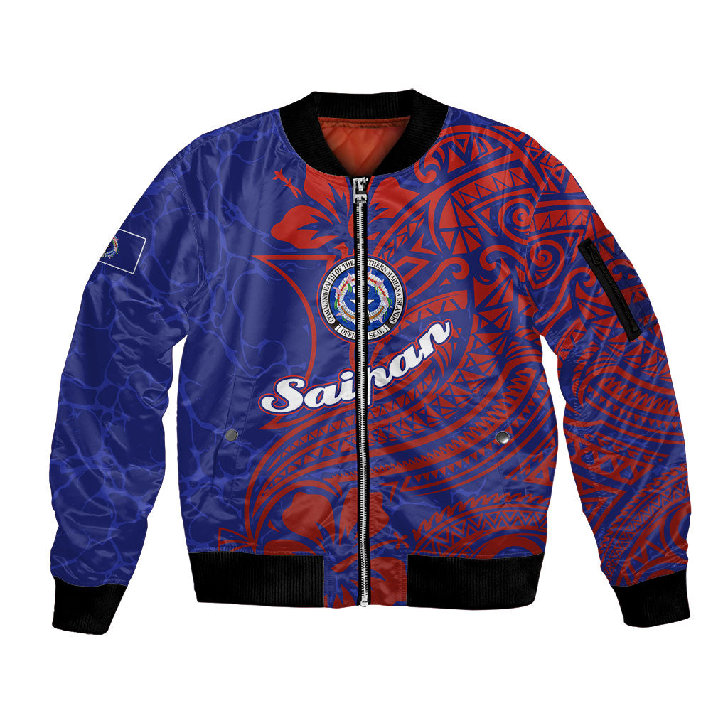 Saipan Northern Mariana Islands Sleeve Zip Bomber Jacket Polynesian Tribal Tattoo Art With Hibiscus Flowers And Seal
