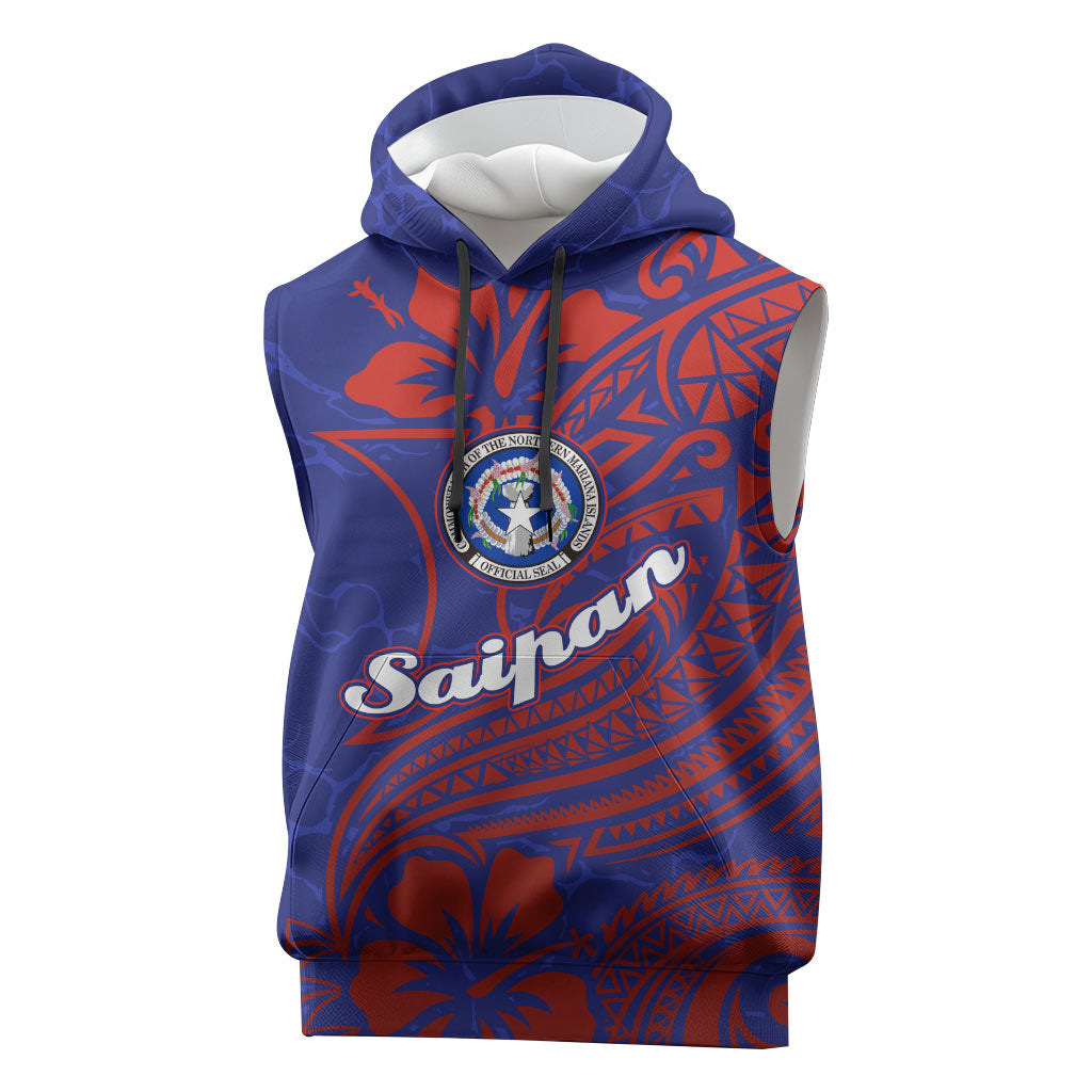 Saipan Northern Mariana Islands Sleeveless Hoodie Polynesian Tribal Tattoo Art With Hibiscus Flowers And Seal TS04 Blue Red - Polynesian Pride