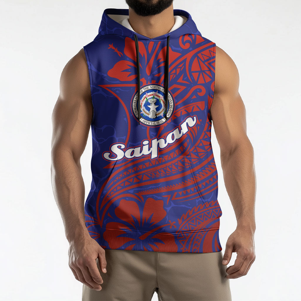 Saipan Northern Mariana Islands Sleeveless Hoodie Polynesian Tribal Tattoo Art With Hibiscus Flowers And Seal TS04 - Polynesian Pride