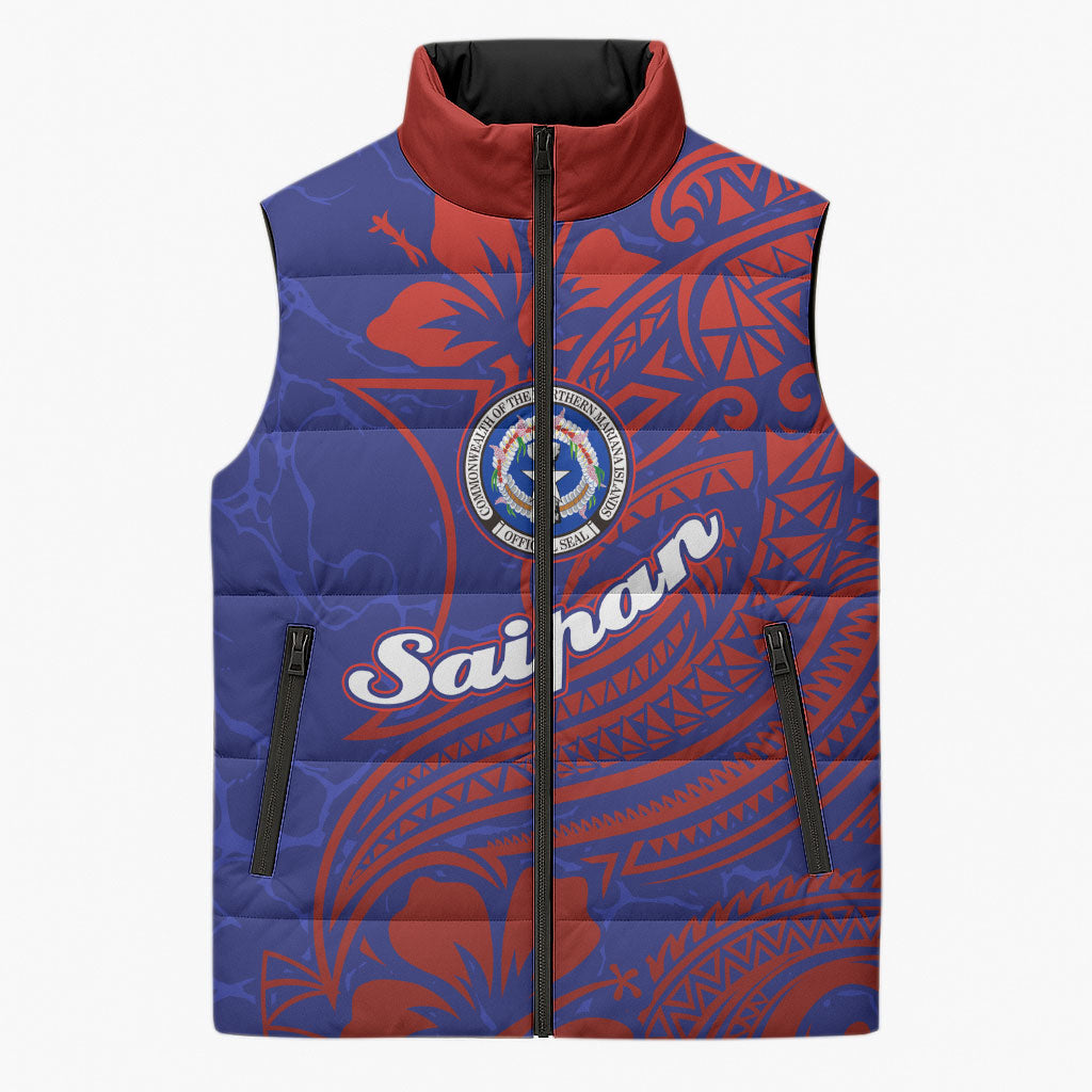 Saipan Northern Mariana Islands Sleeveless Puffer Jacket Polynesian Tribal Tattoo Art With Hibiscus Flowers And Seal