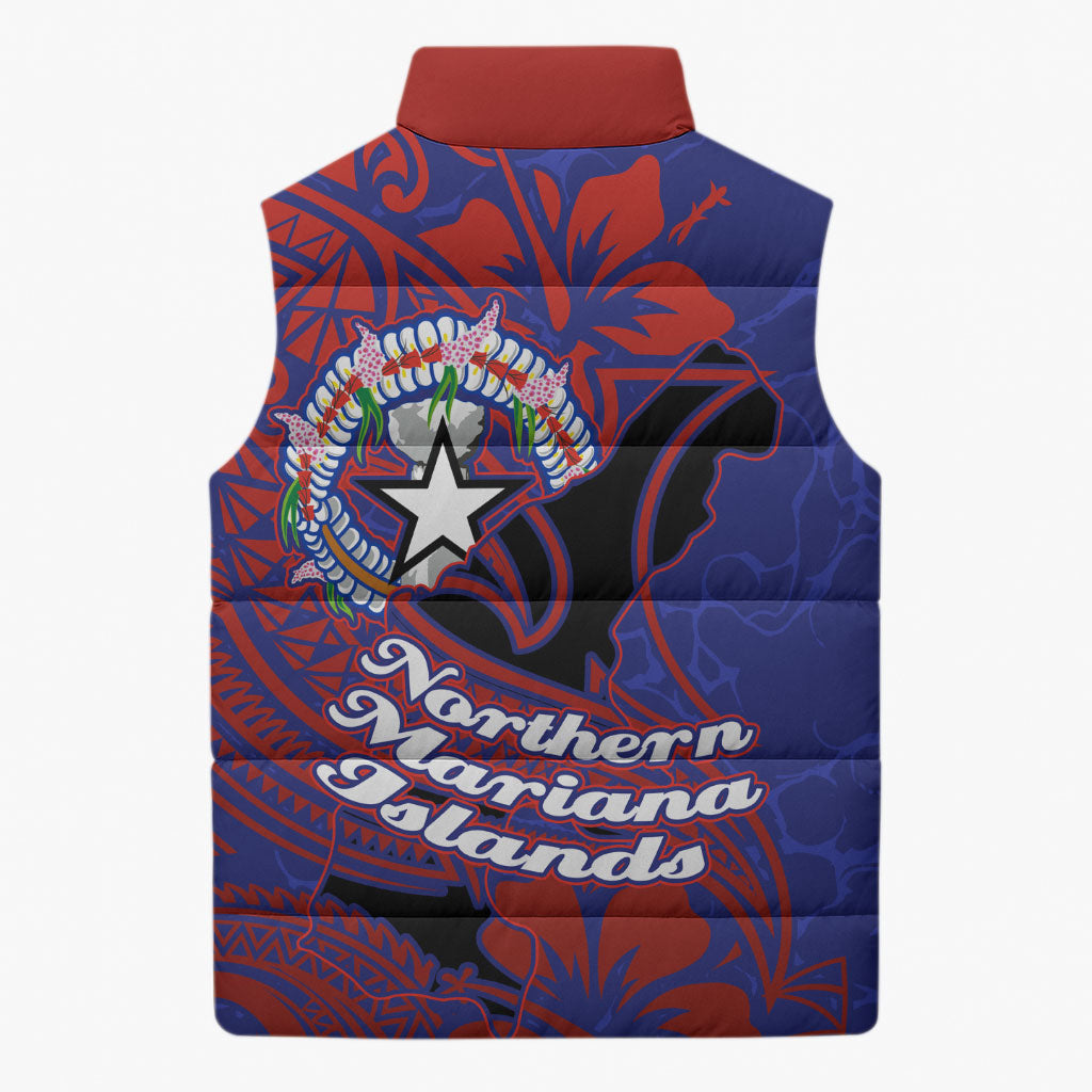 Saipan Northern Mariana Islands Sleeveless Puffer Jacket Polynesian Tribal Tattoo Art With Hibiscus Flowers And Seal