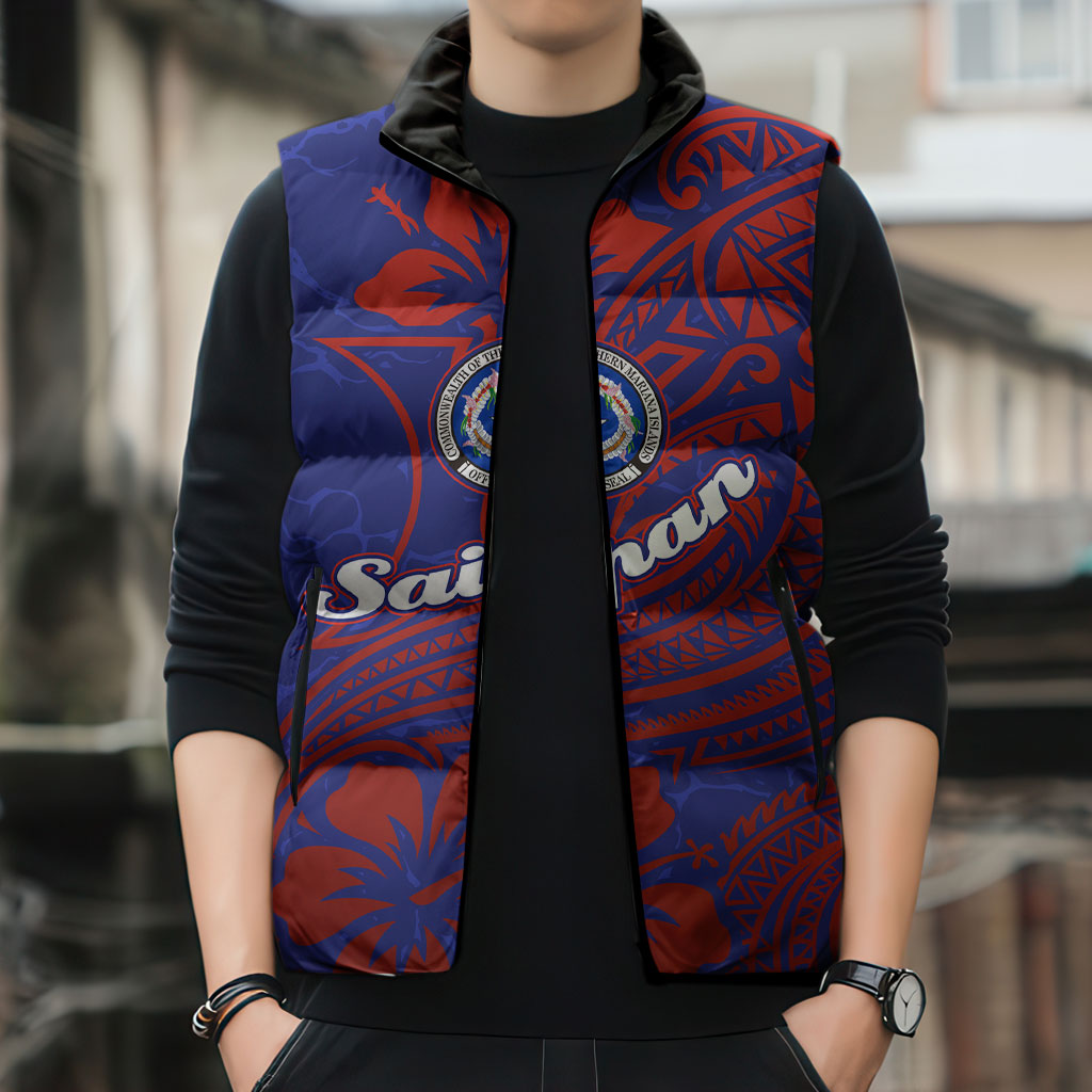 Saipan Northern Mariana Islands Sleeveless Puffer Jacket Polynesian Tribal Tattoo Art With Hibiscus Flowers And Seal