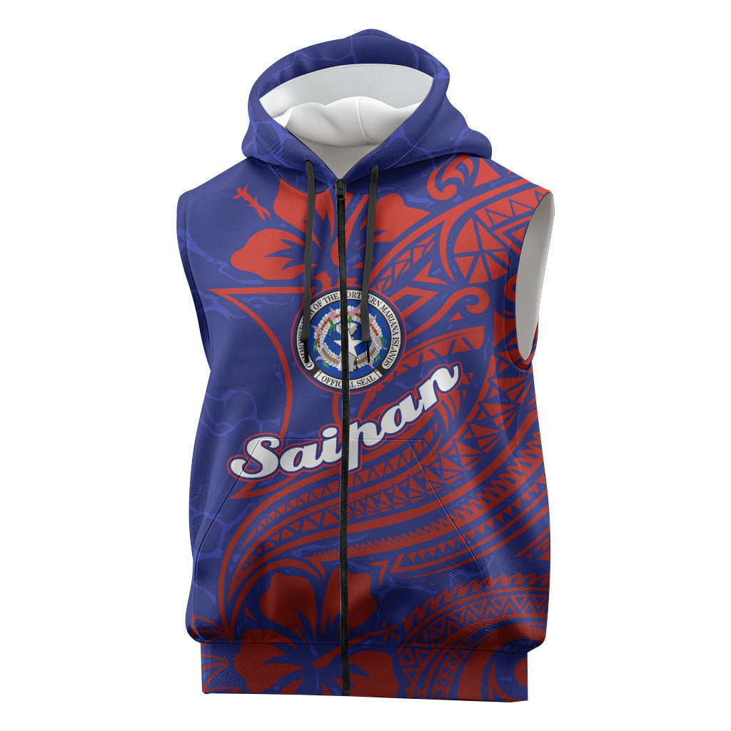 Saipan Northern Mariana Islands Sleeveless Zip Hoodie Polynesian Tribal Tattoo Art With Hibiscus Flowers And Seal TS04 Blue Red - Polynesian Pride
