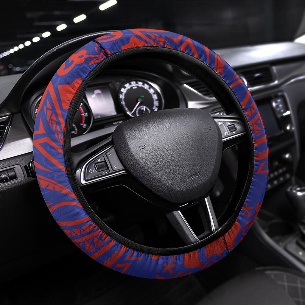 Saipan Northern Mariana Islands Steering Wheel Cover Polynesian Tribal Tattoo Art With Hibiscus Flowers And Seal