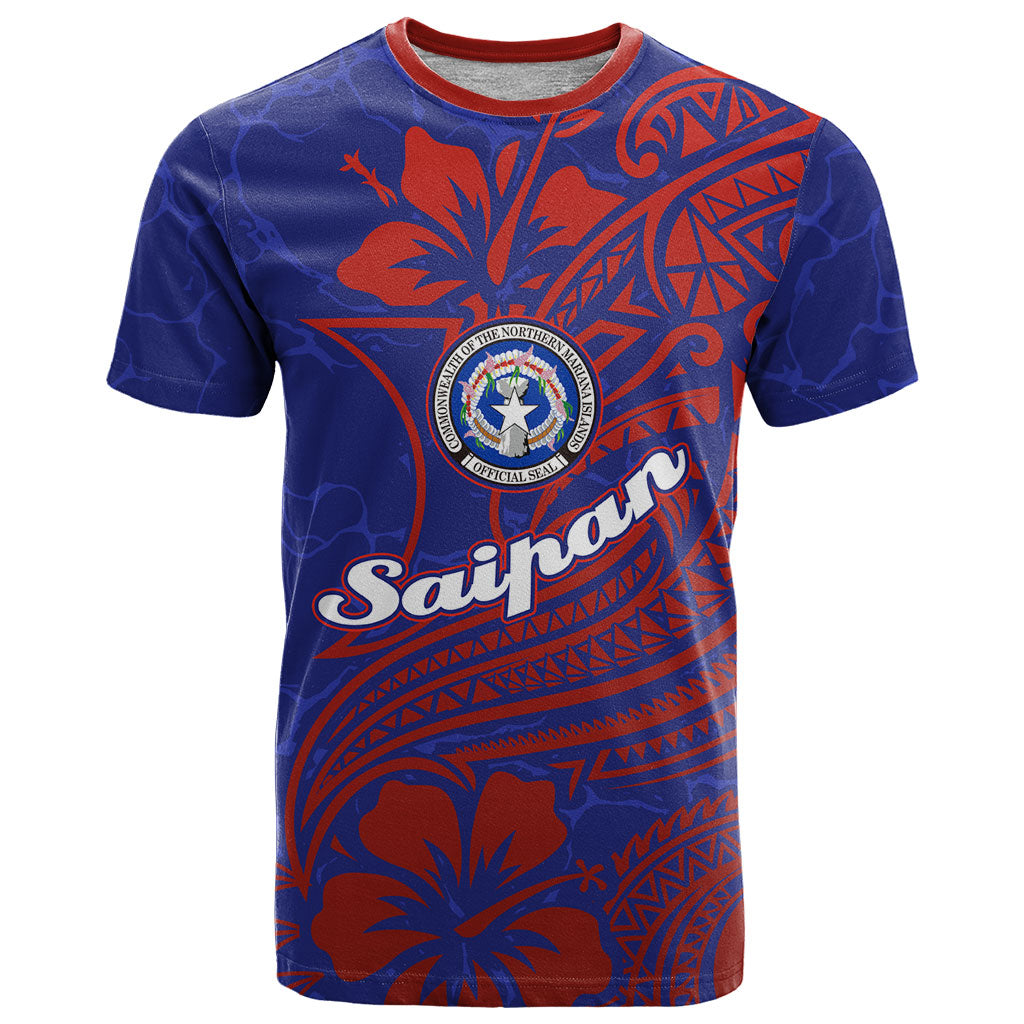Saipan Northern Mariana Islands T Shirt Polynesian Tribal Tattoo Art With Hibiscus Flowers And Seal TS04 Blue Red - Polynesian Pride