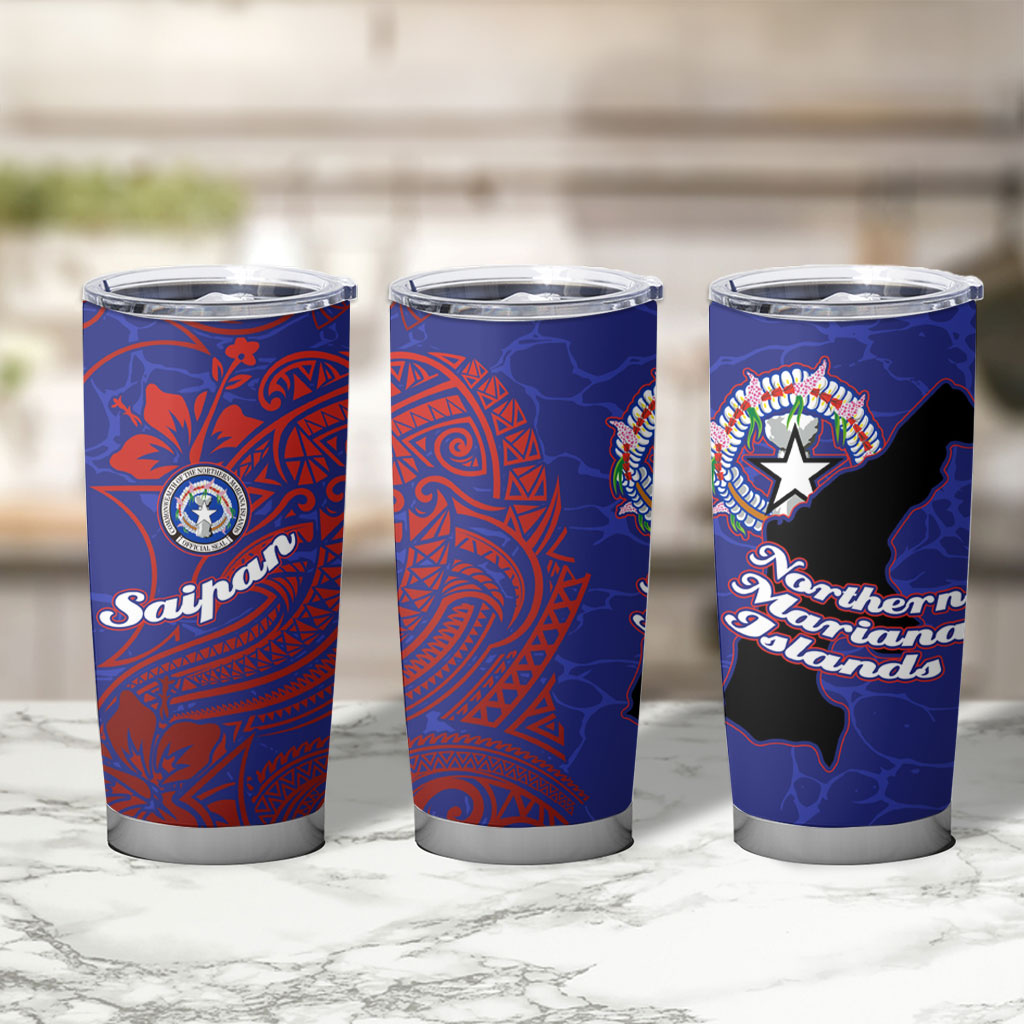 Saipan Northern Mariana Islands Tumbler Cup Polynesian Tribal Tattoo Art With Hibiscus Flowers And Seal TS04 - Polynesian Pride