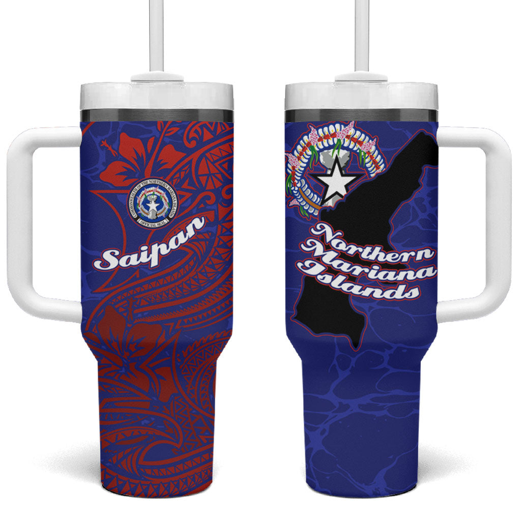 Saipan Northern Mariana Islands Tumbler With Handle Polynesian Tribal Tattoo Art With Hibiscus Flowers And Seal TS04 One Size: 40 oz Blue Red - Polynesian Pride