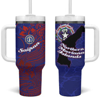 Saipan Northern Mariana Islands Tumbler With Handle Polynesian Tribal Tattoo Art With Hibiscus Flowers And Seal TS04 One Size: 40 oz Blue Red - Polynesian Pride
