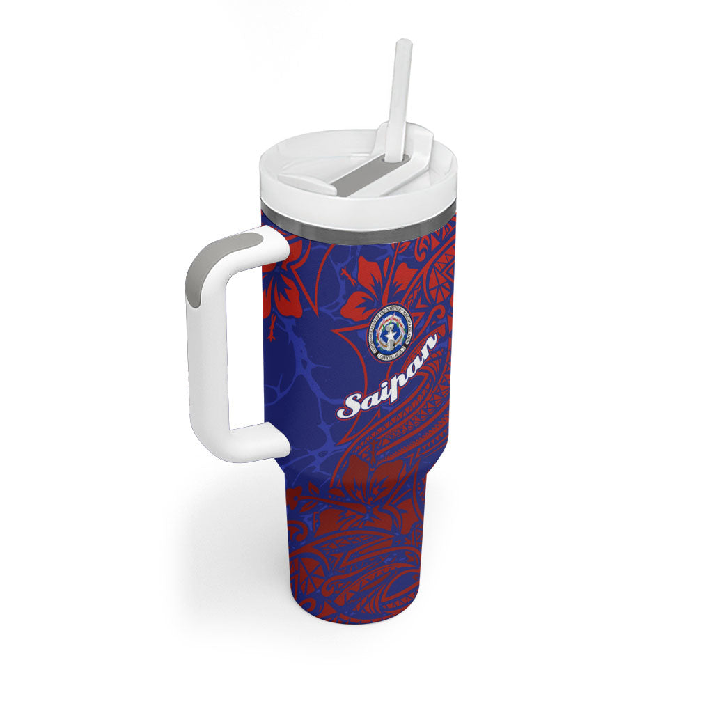 Saipan Northern Mariana Islands Tumbler With Handle Polynesian Tribal Tattoo Art With Hibiscus Flowers And Seal TS04 - Polynesian Pride